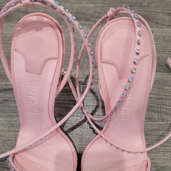 Piferi Satin Vegan Leather Ankle Wrap Stylish Pink Rhinestone Heels Size 37 Or 7 - Picture 12 of 14